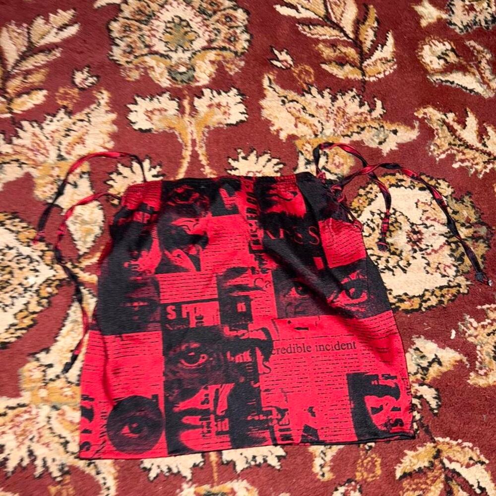 Prettylittlething redblack newspaper print mini